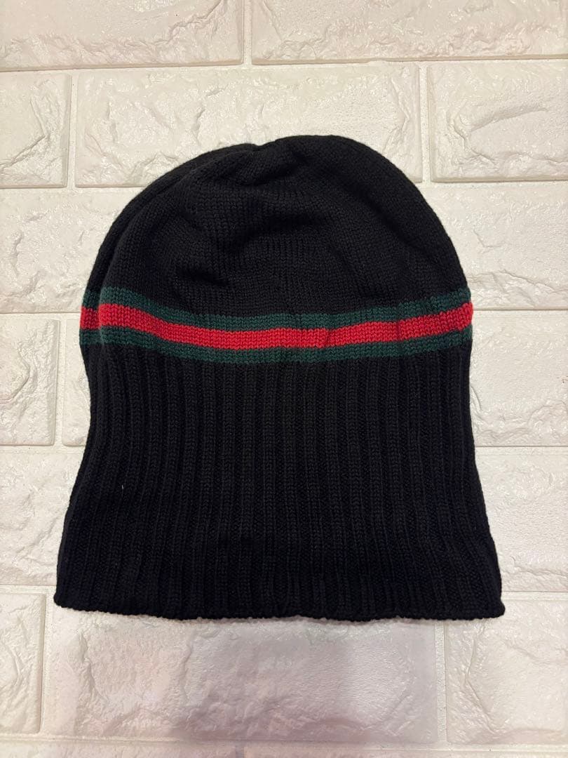 #美品グッチシェリーライン黒ニット帽 ストライプデザインユニセックス#Lサイズ