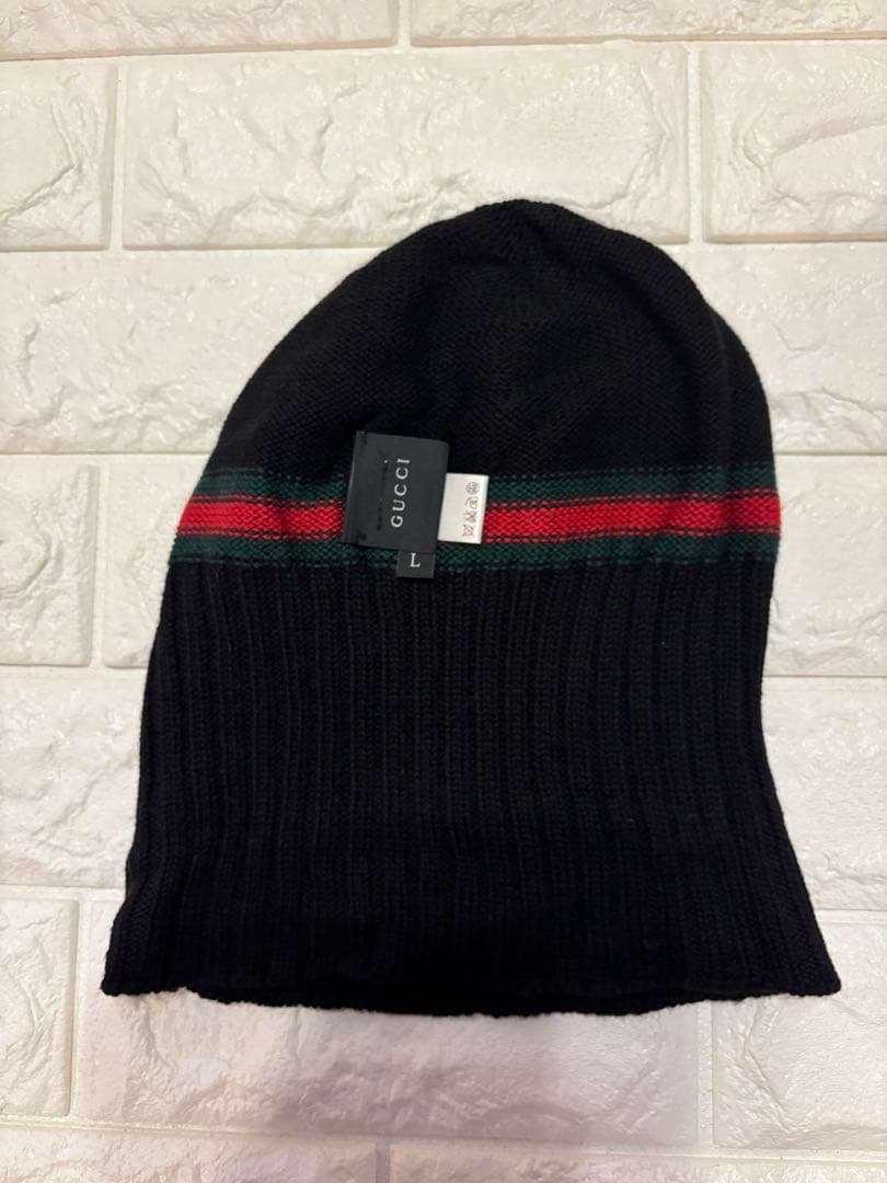 #美品グッチシェリーライン黒ニット帽 ストライプデザインユニセックス#Lサイズ