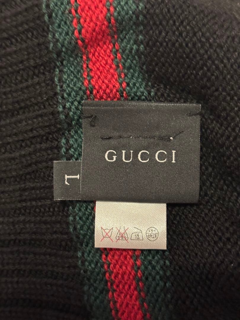 #美品グッチシェリーライン黒ニット帽 ストライプデザインユニセックス#Lサイズ