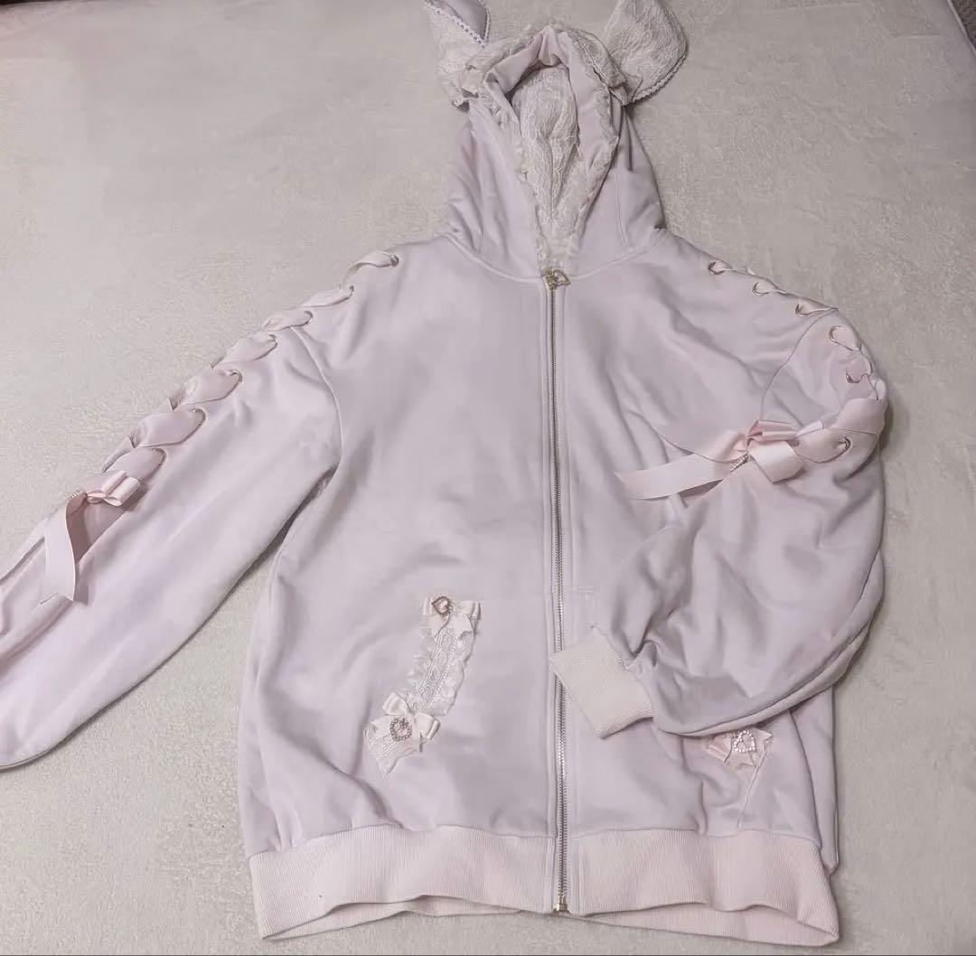 LIZLISA うさみみレースアップスリーブパーカー ピンク