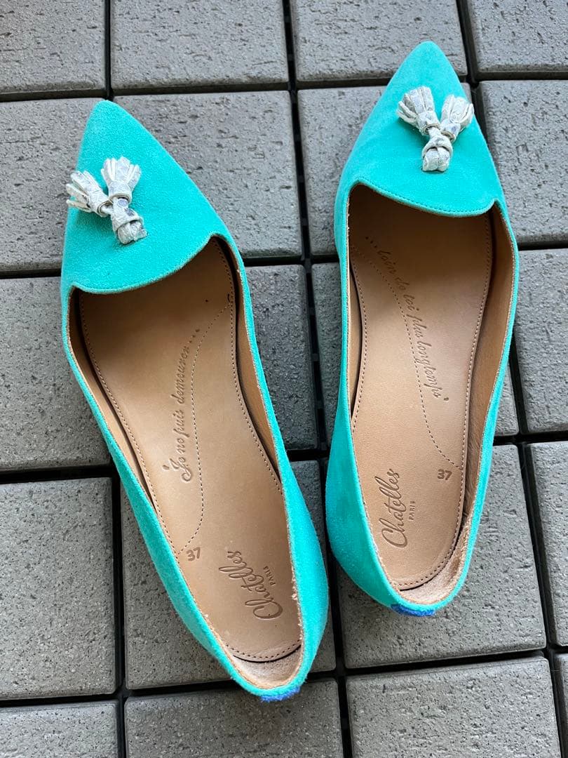 シャテル　ポインテッドトウフラットシューズ　グリーン　サイズ37