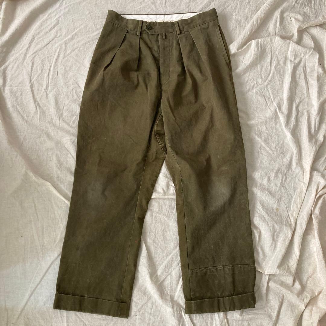 NEAT ミリタリーテント地 タック入り オリーブ グリーン チノパン