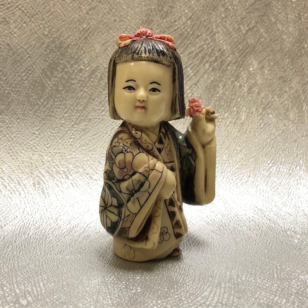 時代根付　刻印有　置物　おかっぱの女の子　縁起物　アンティーク　天然素材