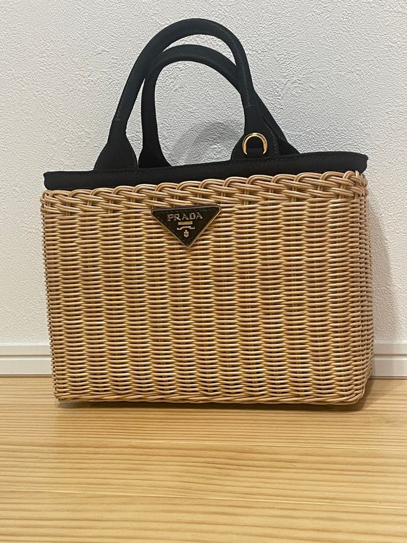 PRADA ラタン かごバッグ ベージュ/ブラック