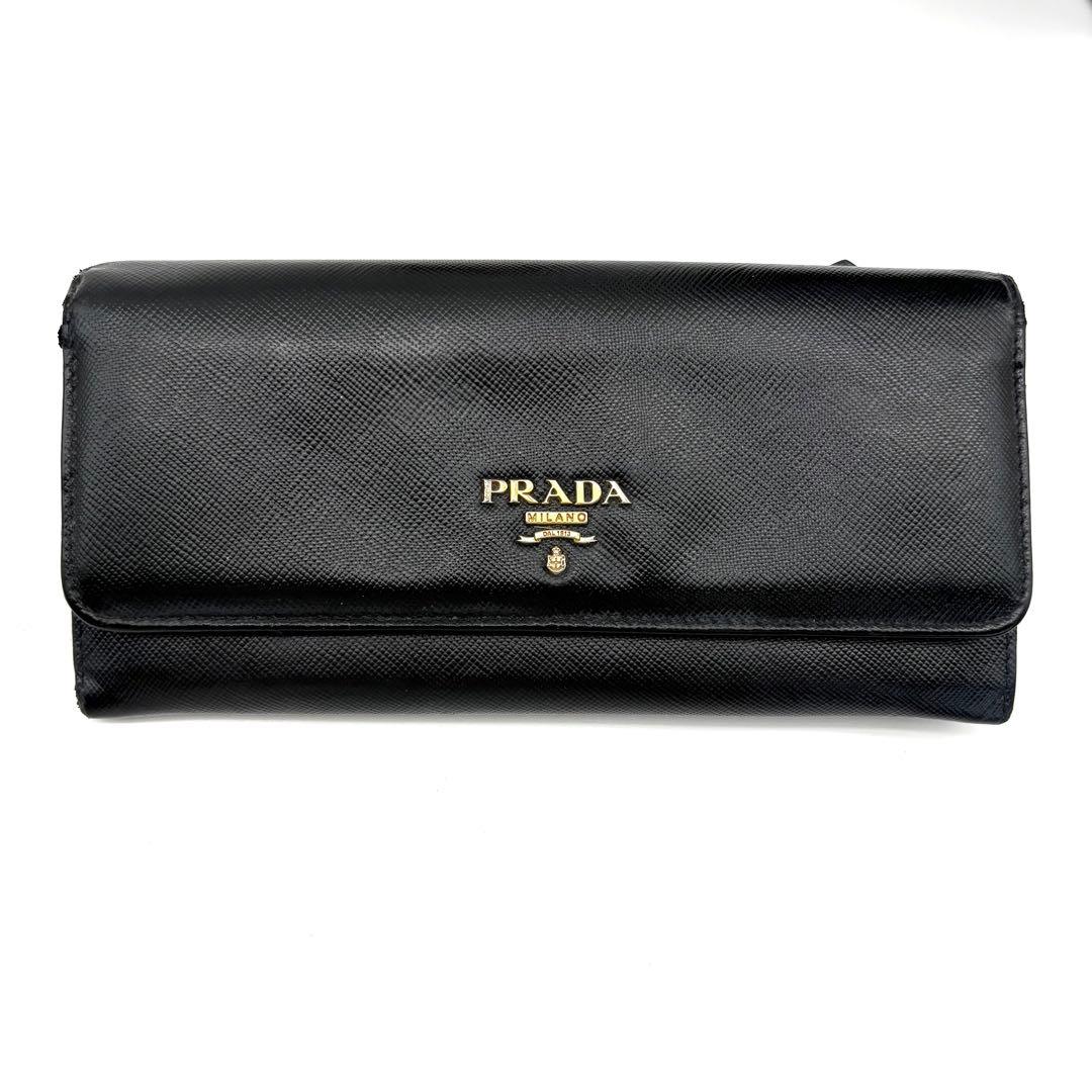 PRADA　サフィアーノレザー　黒　ゴールド　長財布　メタルロゴ　二つ折り