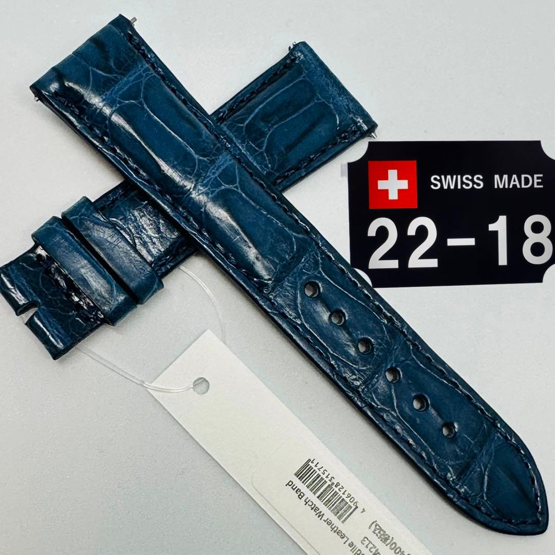 4213#22mm-18mmダークブルー★本物クロコダイルベルト★スイス製