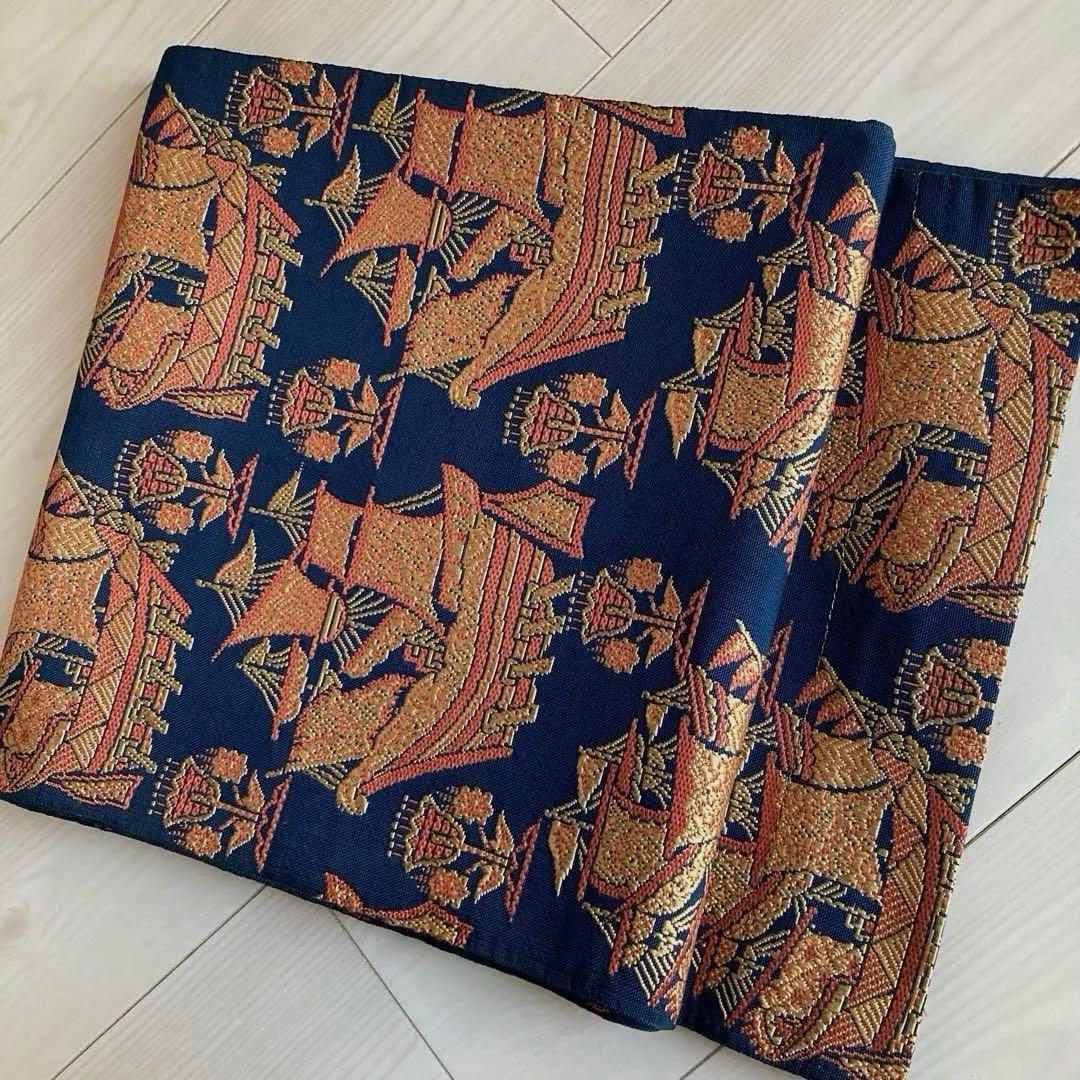 アンティーク京袋帯　南蛮船の織り出し　上質　正絹　No.77-26