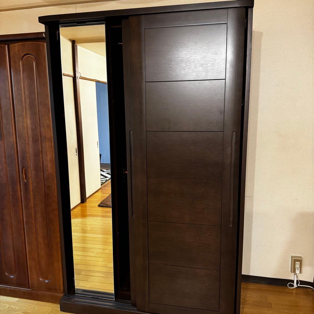 【美品】大川家具 古賀清木工 木製 クローゼット ワードローブ 姿見ミラー付き
