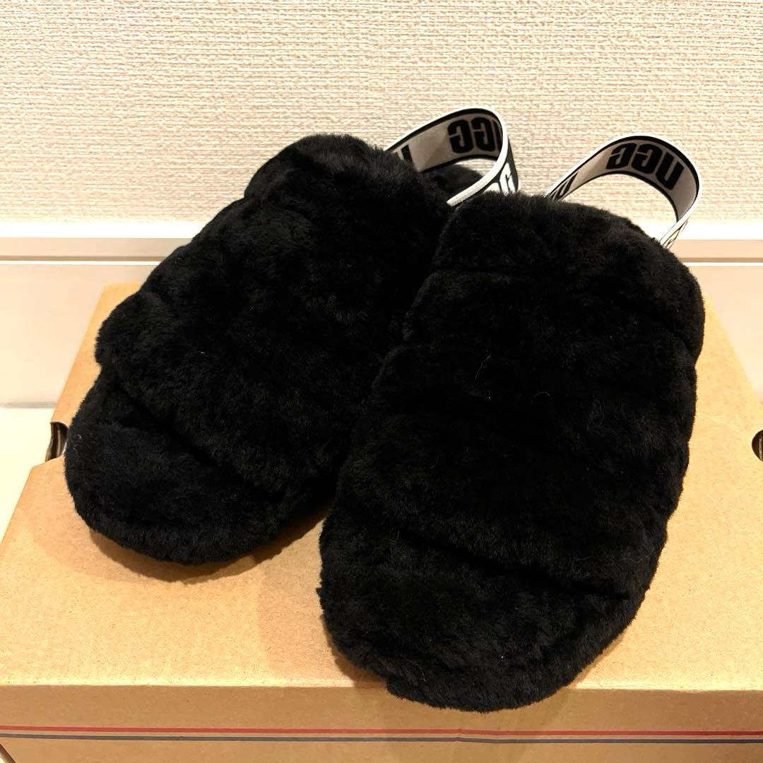 【美品】UGG ブラック ムートン　ボア スリッパ　23cm