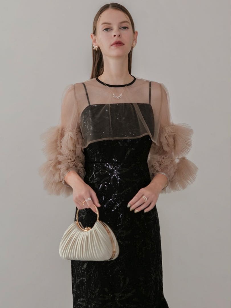 フラワースパンコールチュールフリルスリーブIラインワンピースドレス結婚式二次会