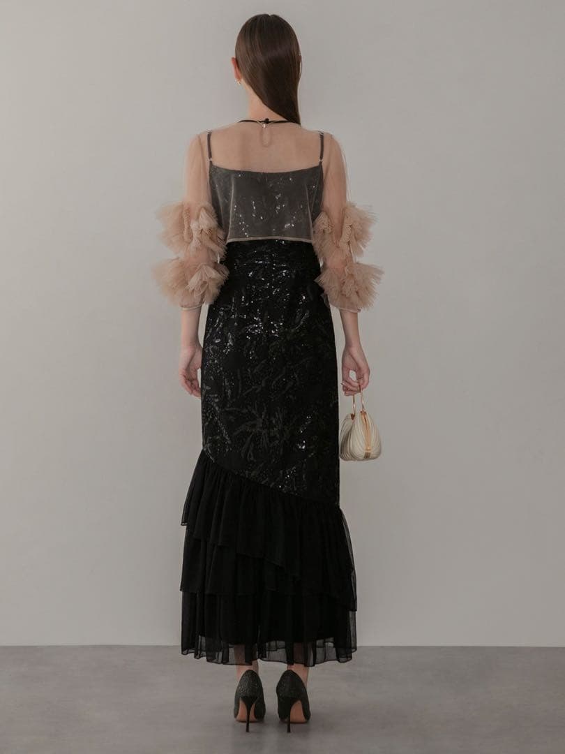 フラワースパンコールチュールフリルスリーブIラインワンピースドレス結婚式二次会