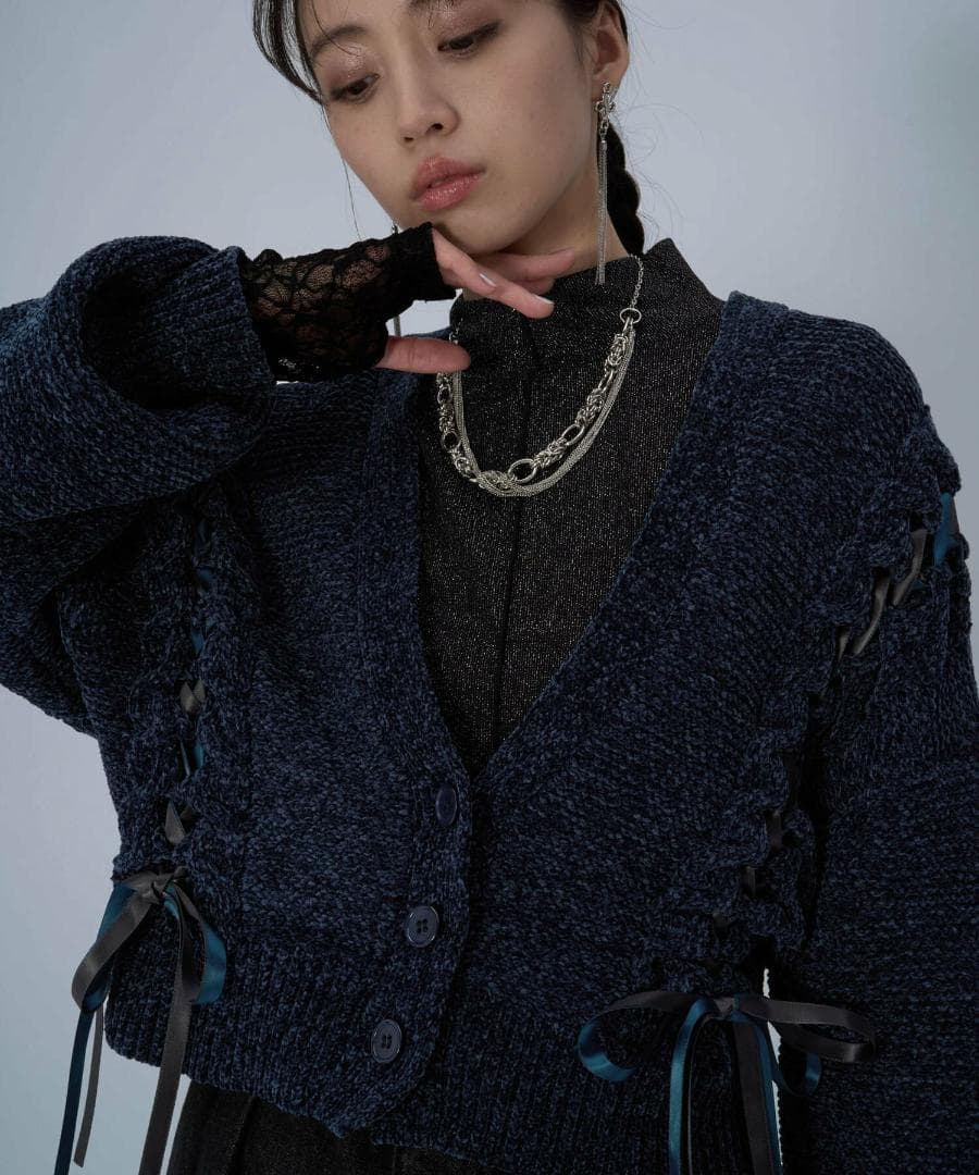 即完売品 新作 新品 HARE モールレースアップカーディガン ブルー