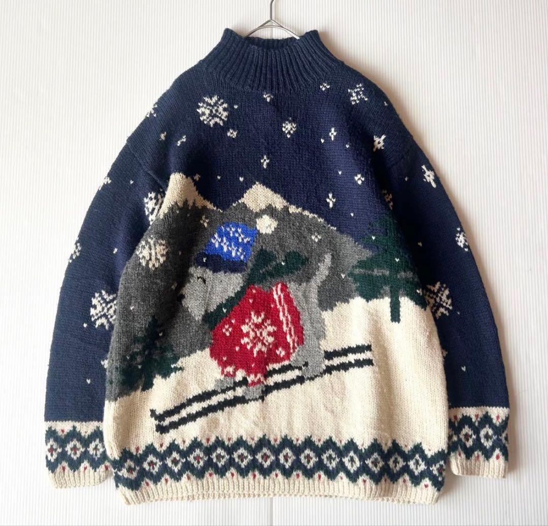 ラルフローレン　長袖ニット　ネイビー　犬　スキー　ノルディック