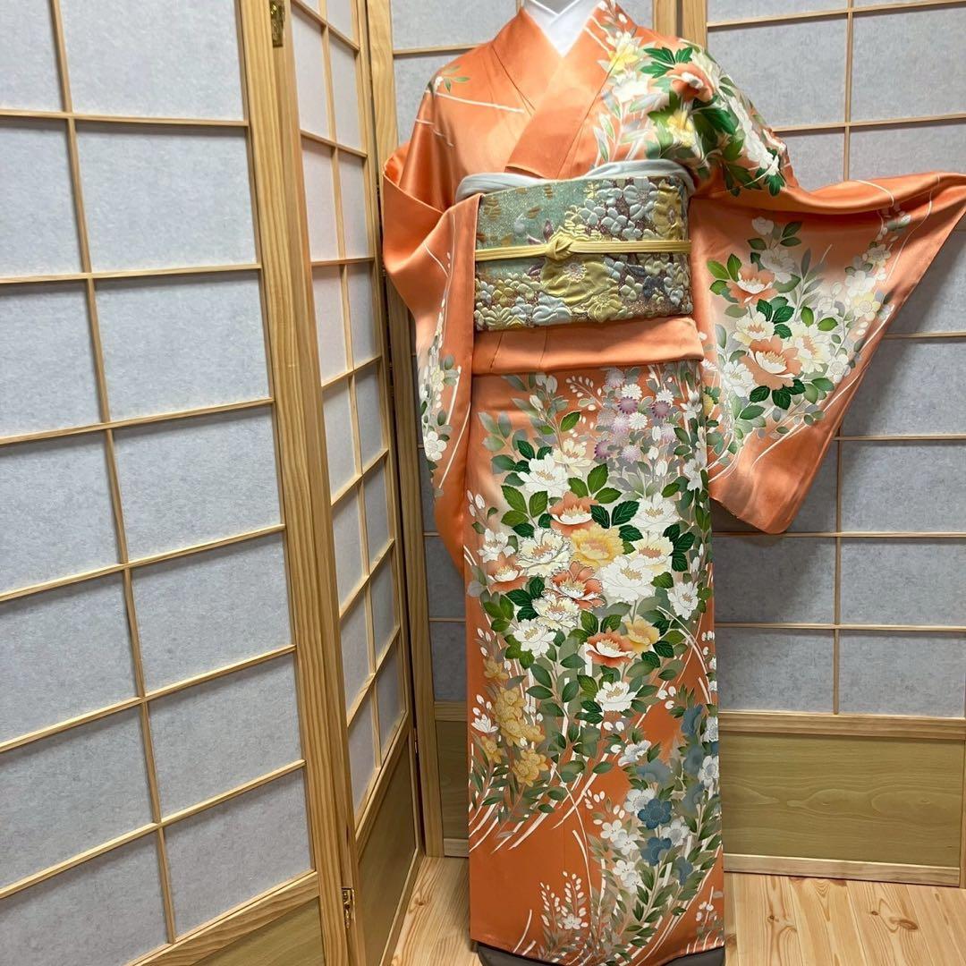 ［4349］訪問着 草花文様 駒刺繍 ぼかし 銀彩 正絹 着物 袷