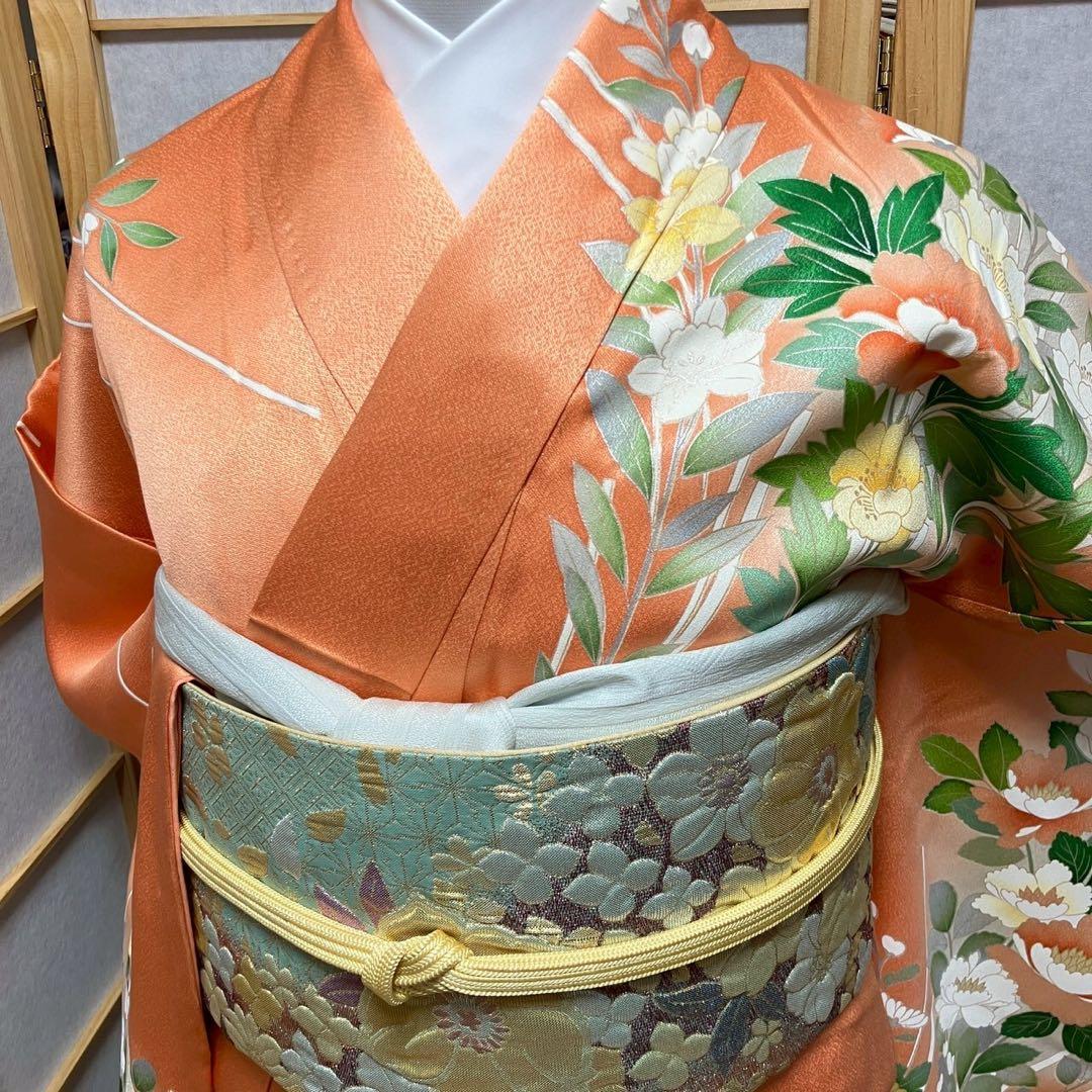 ［4349］訪問着 草花文様 駒刺繍 ぼかし 銀彩 正絹 着物 袷