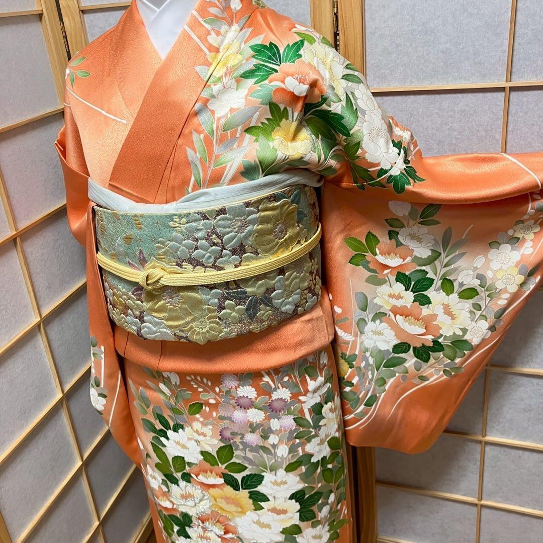 ［4349］訪問着 草花文様 駒刺繍 ぼかし 銀彩 正絹 着物 袷