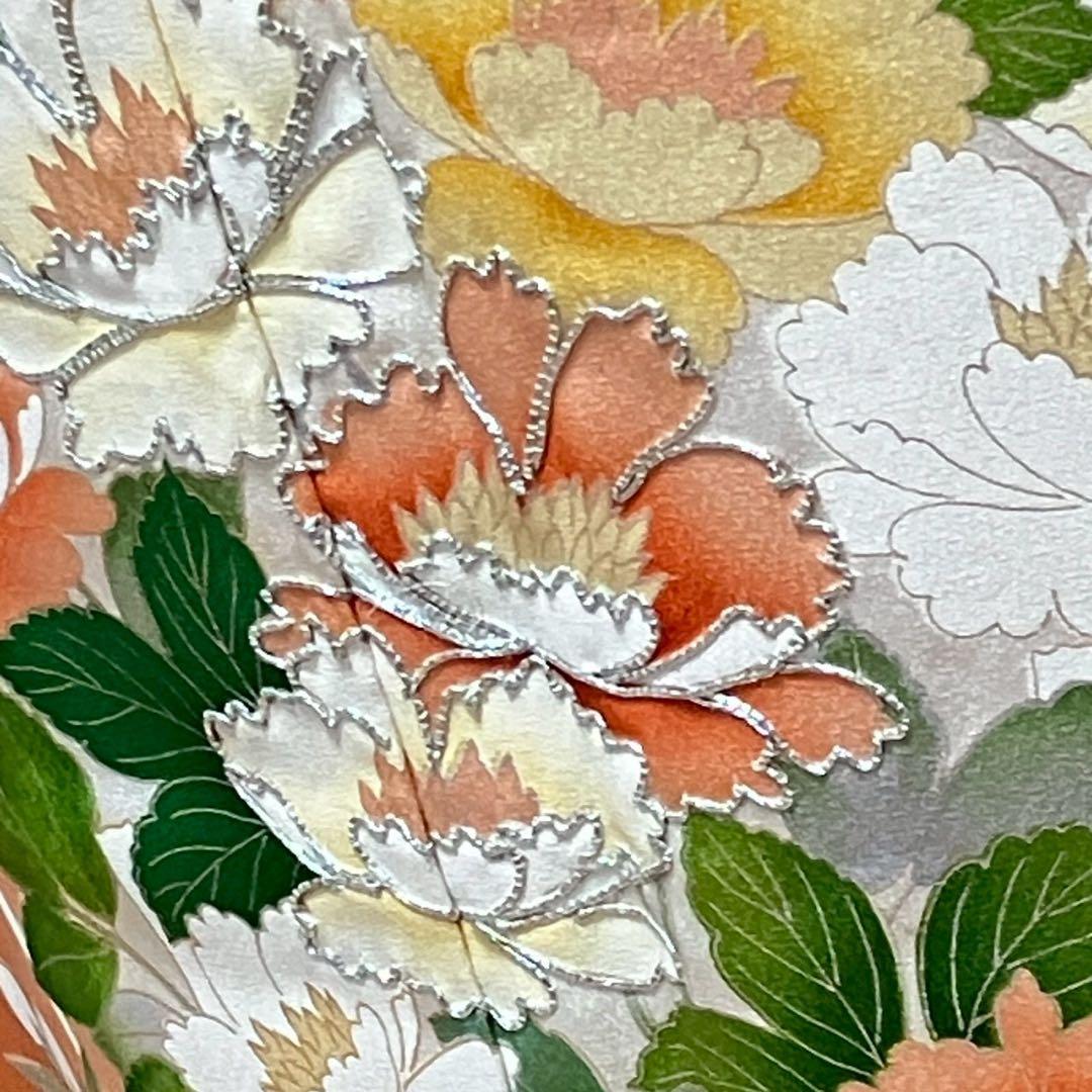 ［4349］訪問着 草花文様 駒刺繍 ぼかし 銀彩 正絹 着物 袷