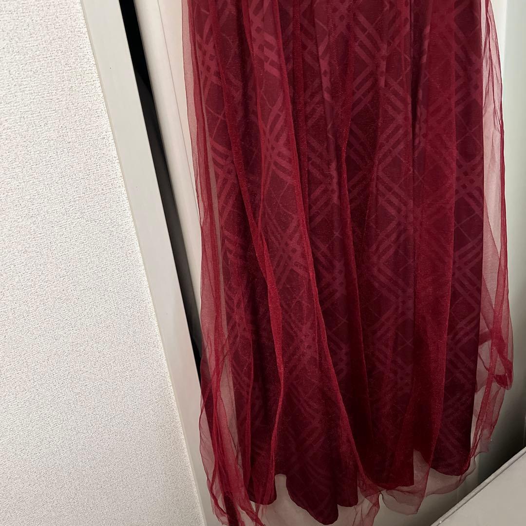 チュールチェックベルトデザイン キャミロングキャバドレス