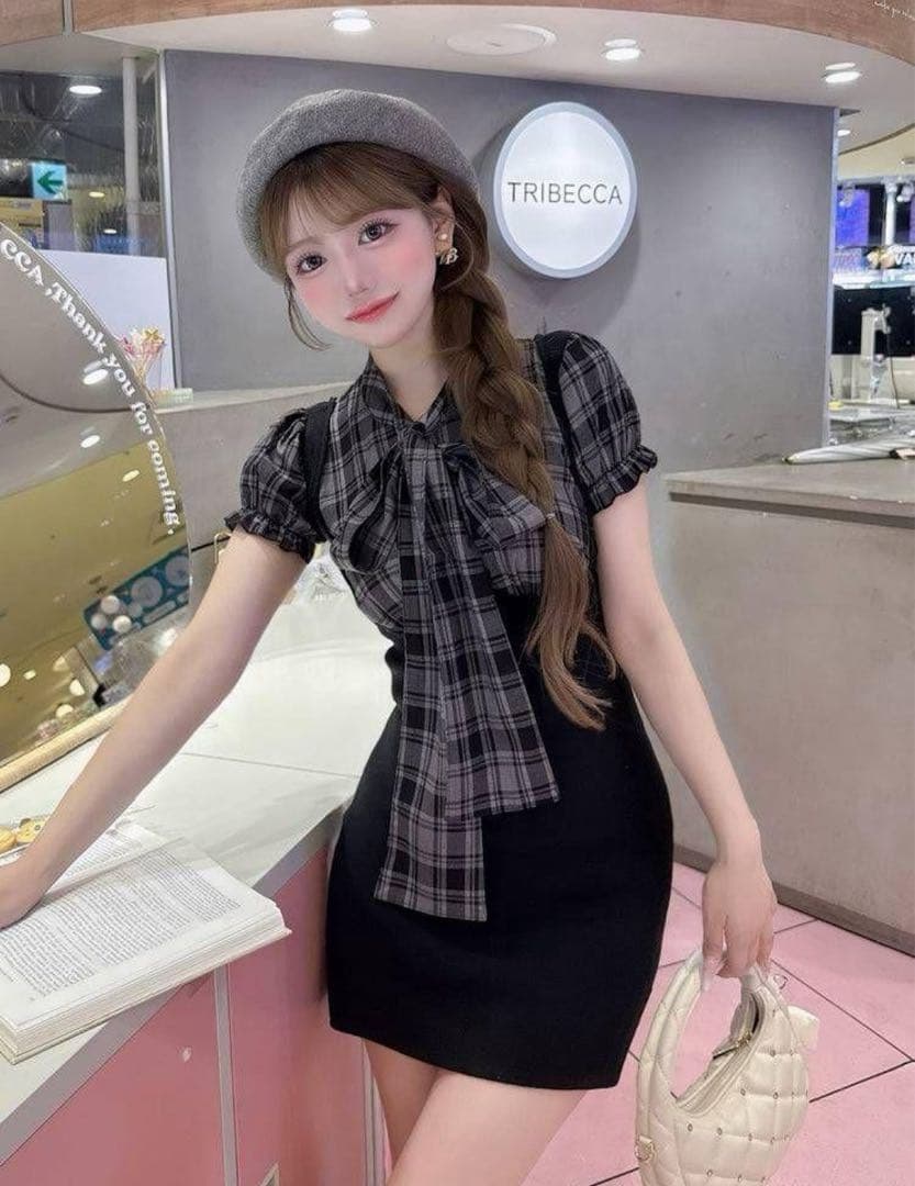 ダーリッチ レイヤードライクボウタイニットミニワンピース F 黒