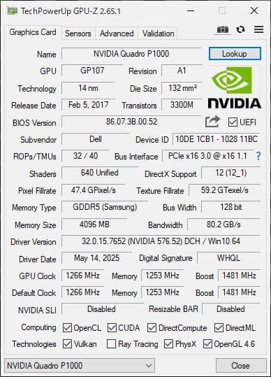 NVIDIA Quadro P1000 4GB（中古動作品）
