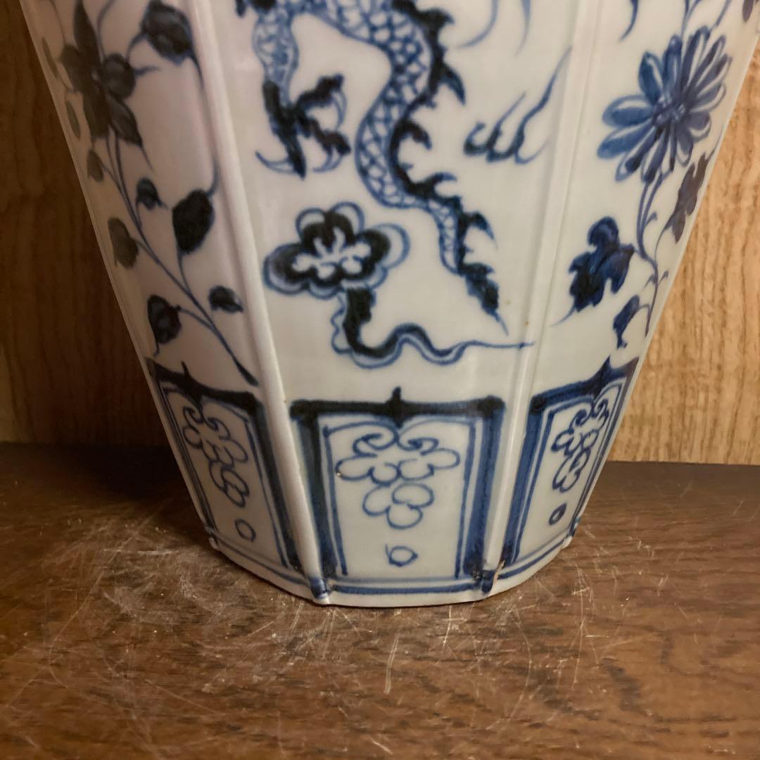 中国　染付　面取瓶　龍鳳花之図