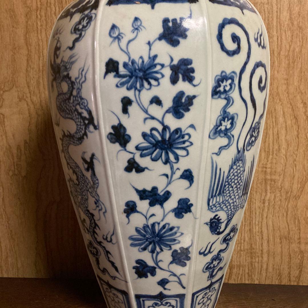 中国　染付　面取瓶　龍鳳花之図