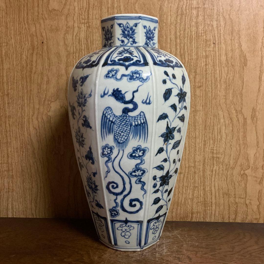 中国　染付　面取瓶　龍鳳花之図