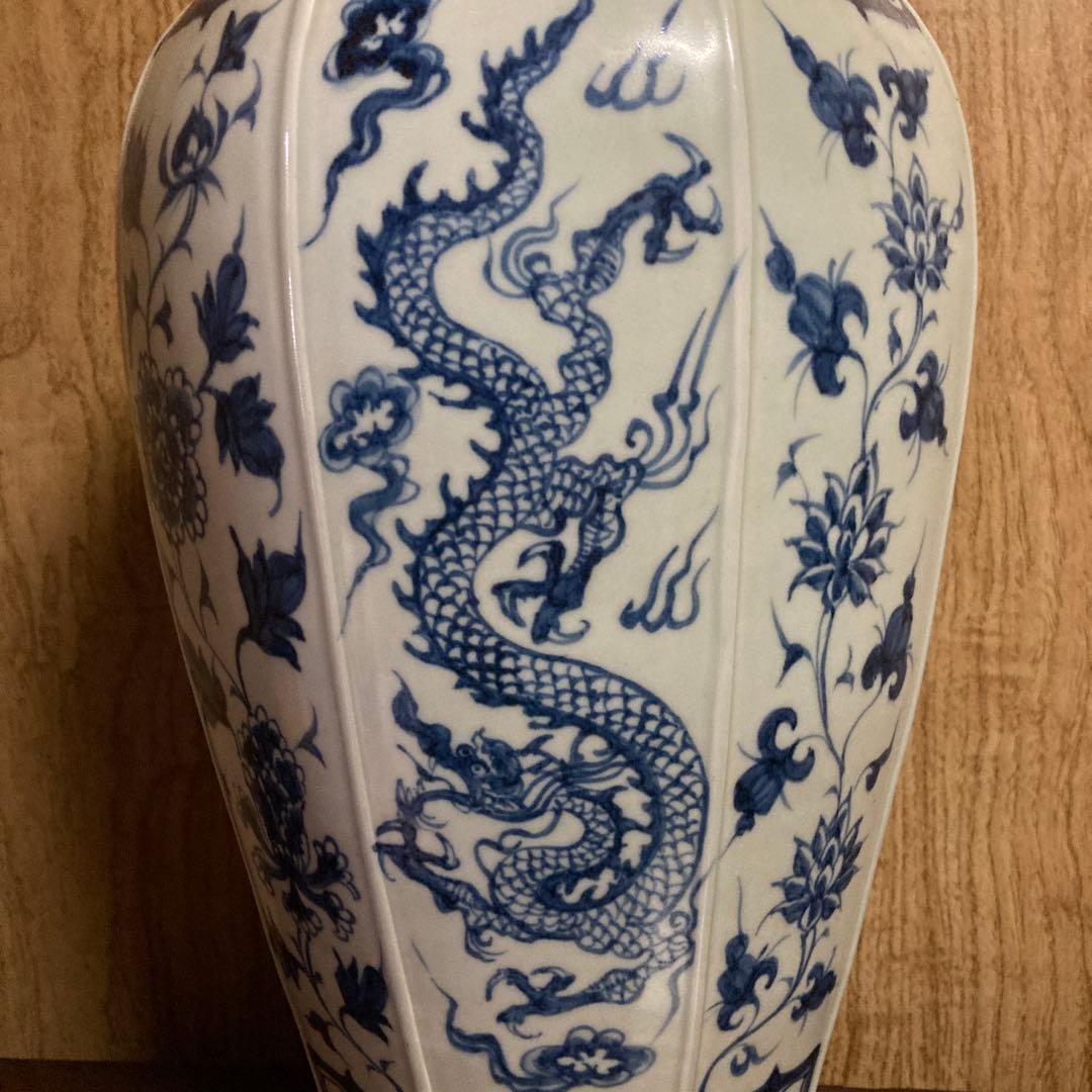 中国　染付　面取瓶　龍鳳花之図