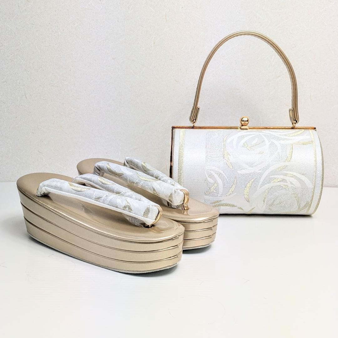 和装 草履バッグセット 帯地 白×金 3枚芯 フリーサイズ k19-14