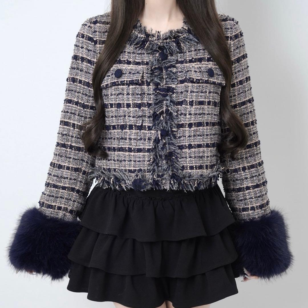 ジャケット・アウター Lumignon Navy pink tweed fur jacket
