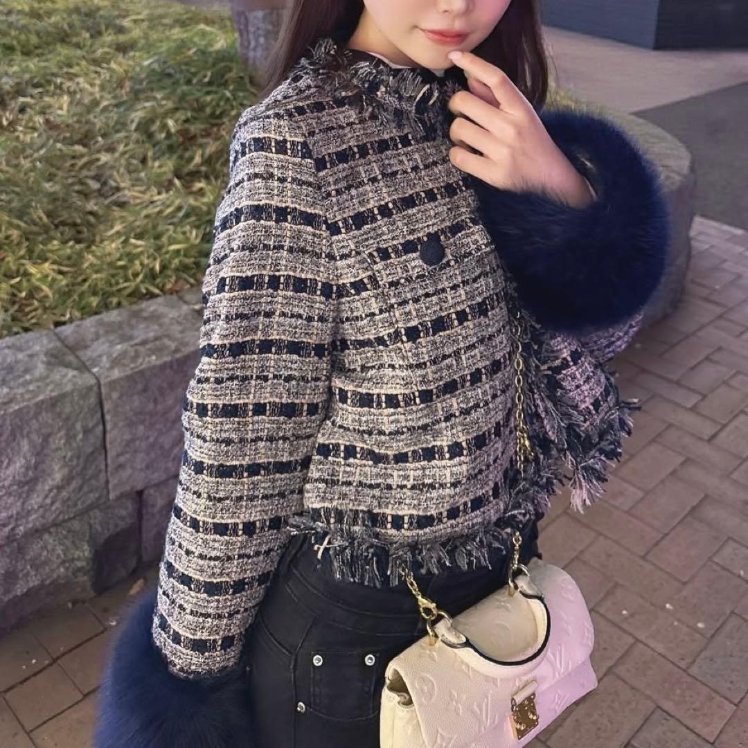 ジャケット・アウター Lumignon Navy pink tweed fur jacket