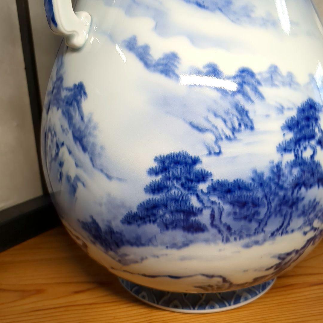 深川製磁　宮内庁御用達　染付　山水図　双耳　大花瓶　壺　1個　高さ約３３センチ