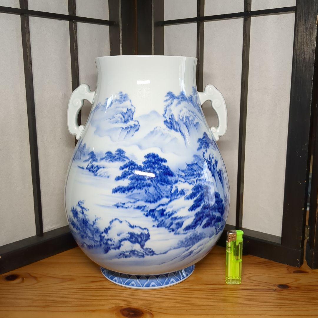 深川製磁　宮内庁御用達　染付　山水図　双耳　大花瓶　壺　1個　高さ約３３センチ