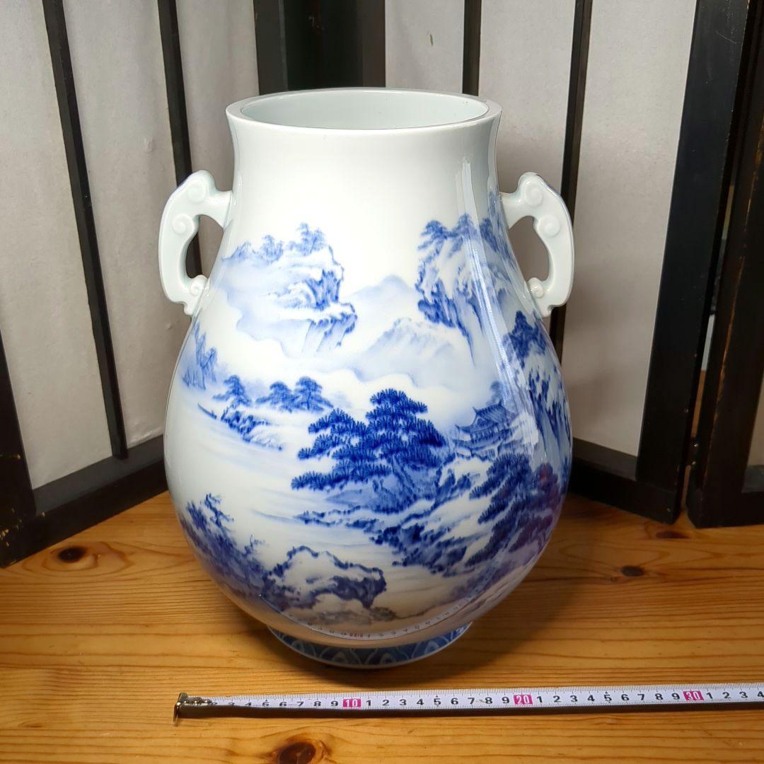 深川製磁　宮内庁御用達　染付　山水図　双耳　大花瓶　壺　1個　高さ約３３センチ