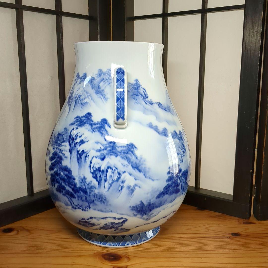深川製磁　宮内庁御用達　染付　山水図　双耳　大花瓶　壺　1個　高さ約３３センチ