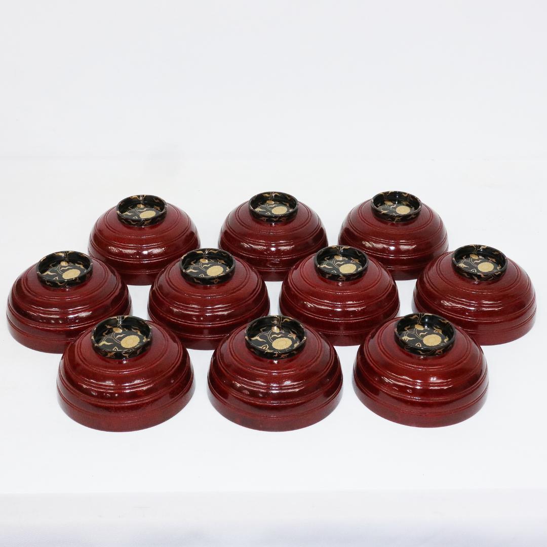 吸物椀　金彩　漆 花　絵　木製　10客　木箱