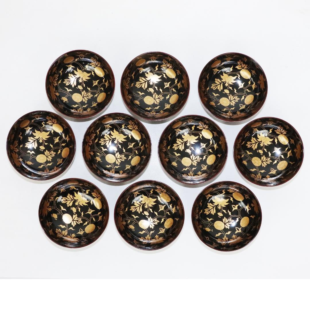 吸物椀　金彩　漆 花　絵　木製　10客　木箱