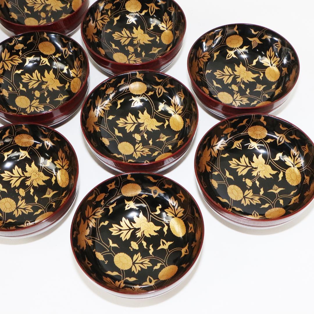 吸物椀　金彩　漆 花　絵　木製　10客　木箱