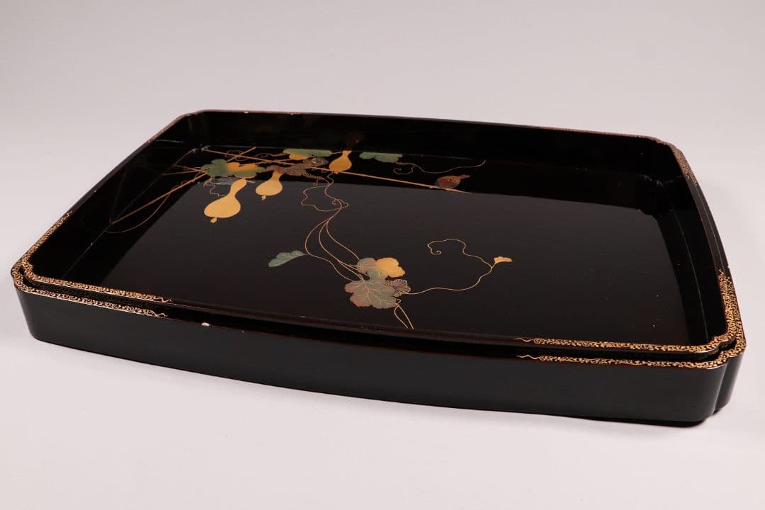 瓢箪雀蒔絵 広盆 大小一組 黒塗 金銀 螺鈿 木製漆器 広蓋 長方盆 花鳥MA9