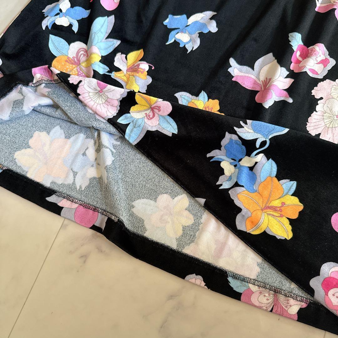 未使用級★近年物 レオナール カンカン ベロア調ワンピース 花柄 トリム 42