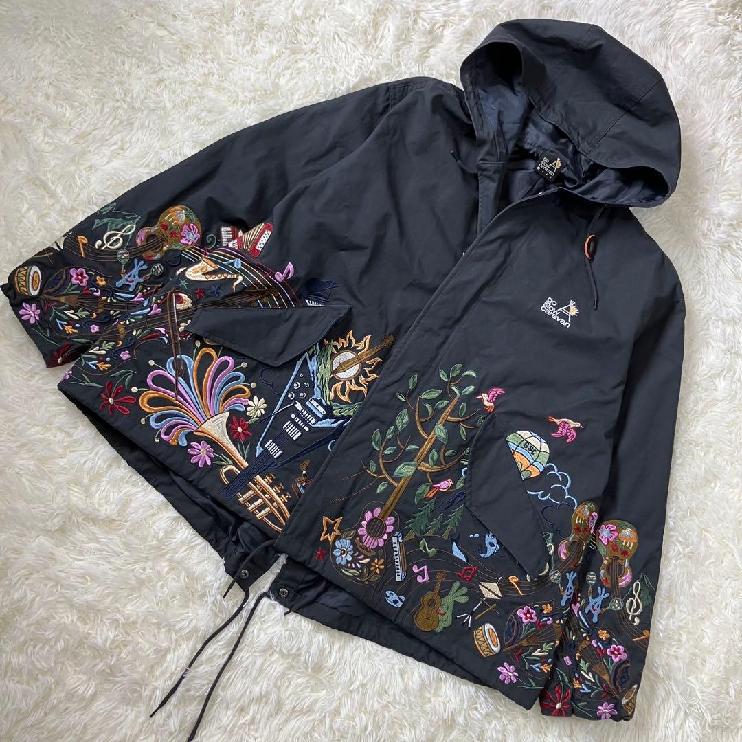 go slow caravan コードクロスパネル 刺繍 モッズコート 黒 音楽