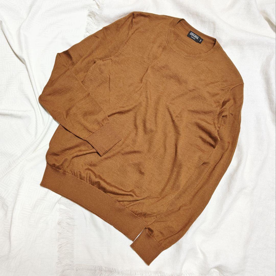 ゼニアZEGNAカシミアシルクCASHSETAハイゲージクルーネックニット46茶