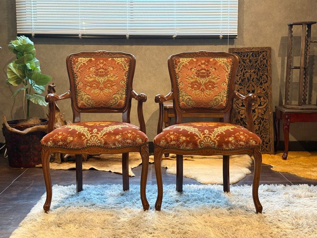 ヴィンテージ　ロココ　アームチェア　猫脚　クラシック　クラシカル　金華山織　IY