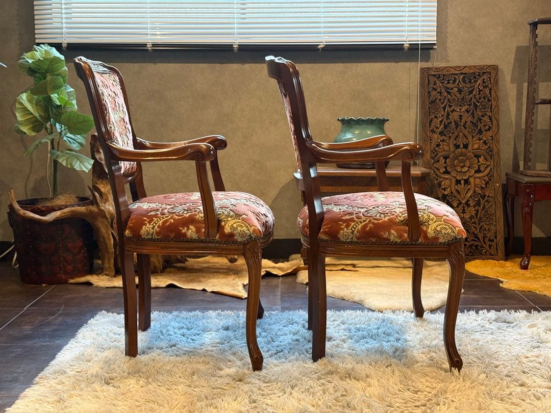 ヴィンテージ　ロココ　アームチェア　猫脚　クラシック　クラシカル　金華山織　IY