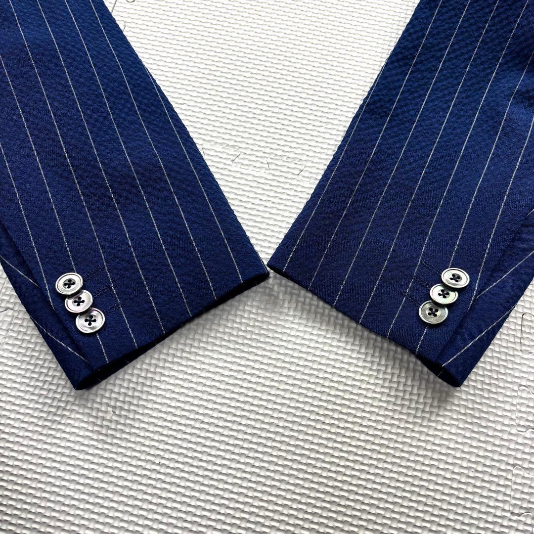 美品　アバハハウス　セットアップ　シアサッカー　シェルボタン　ストライプ　ブルー