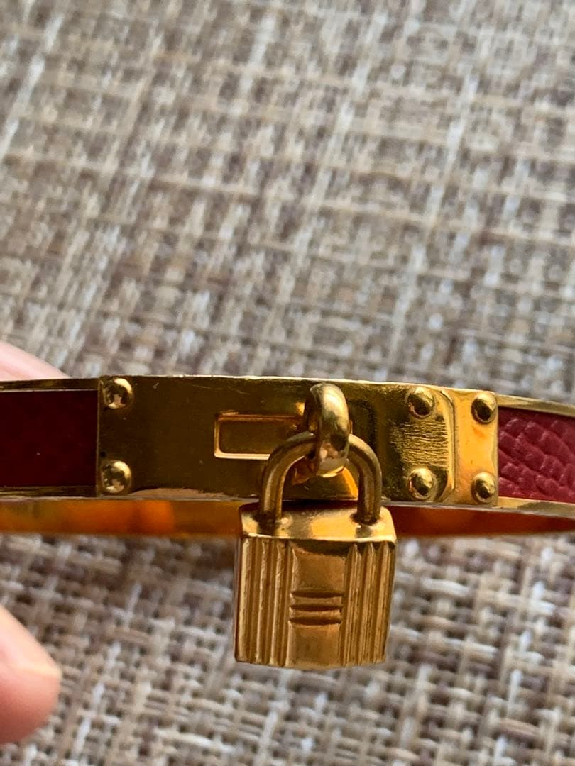 HERMESエルメス ケリーバングル カデナ バングル 金メッキ×リザード 赤