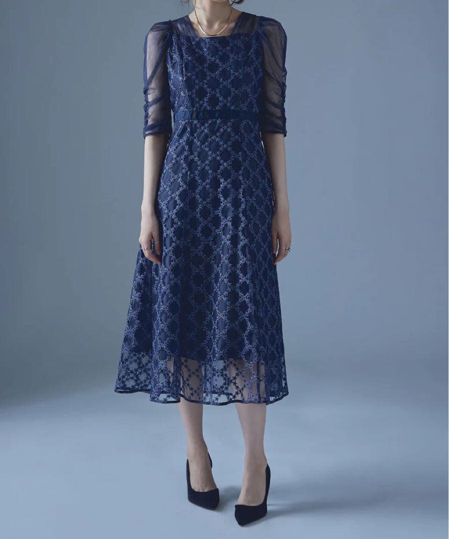 Floral diagonal check flare dress 初期不良アリ