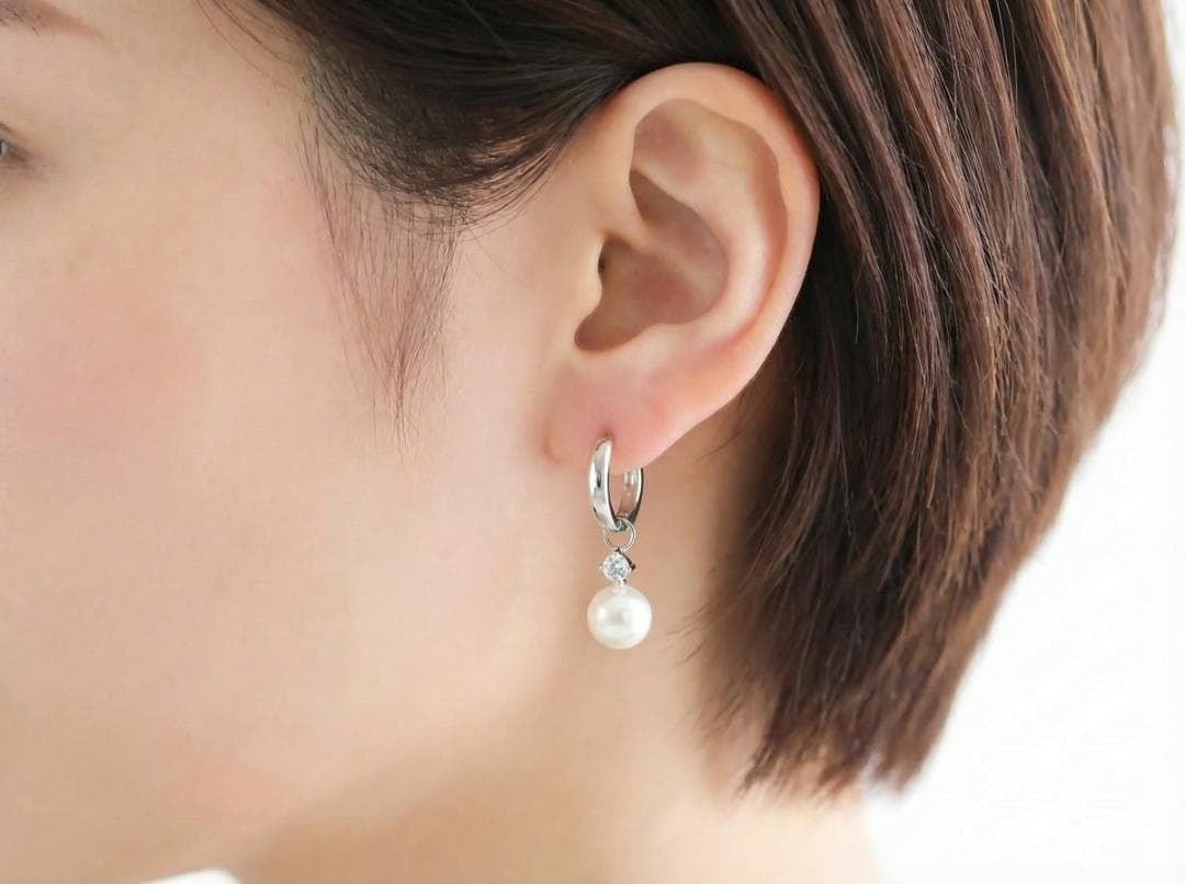 専用◆ K18WG ◆ 天然ダイヤモンド付き あこやチャーム ◆ ピアリング対応