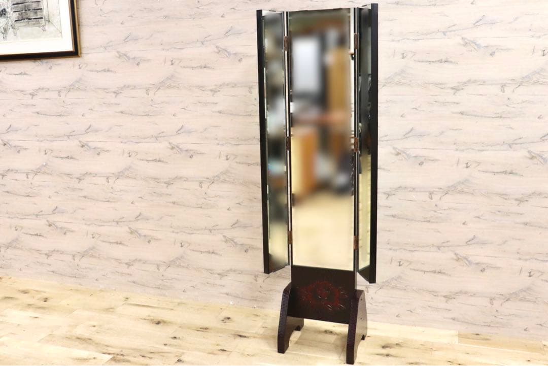 GMIH60○鎌倉彫 三面鏡 姿見 全身鏡 木製 彫刻 漆塗り 着付け鏡 和家