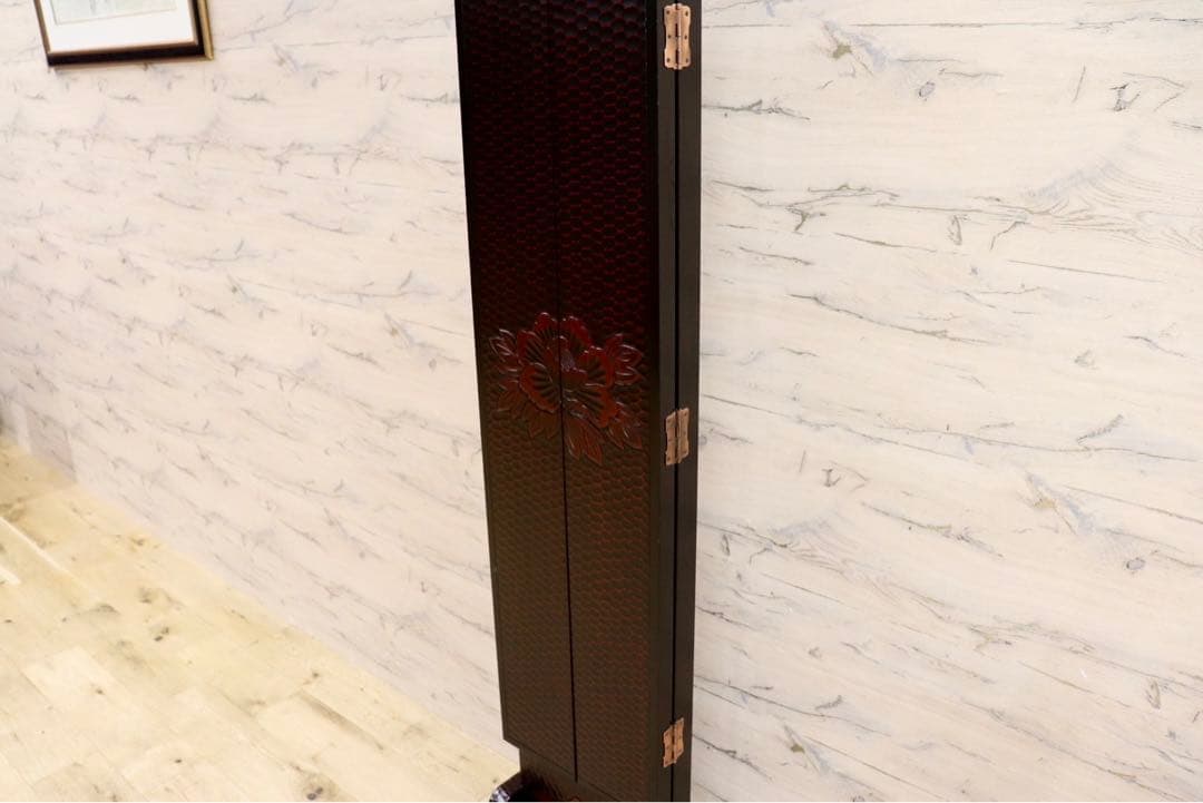 GMIH60○鎌倉彫 三面鏡 姿見 全身鏡 木製 彫刻 漆塗り 着付け鏡 和家